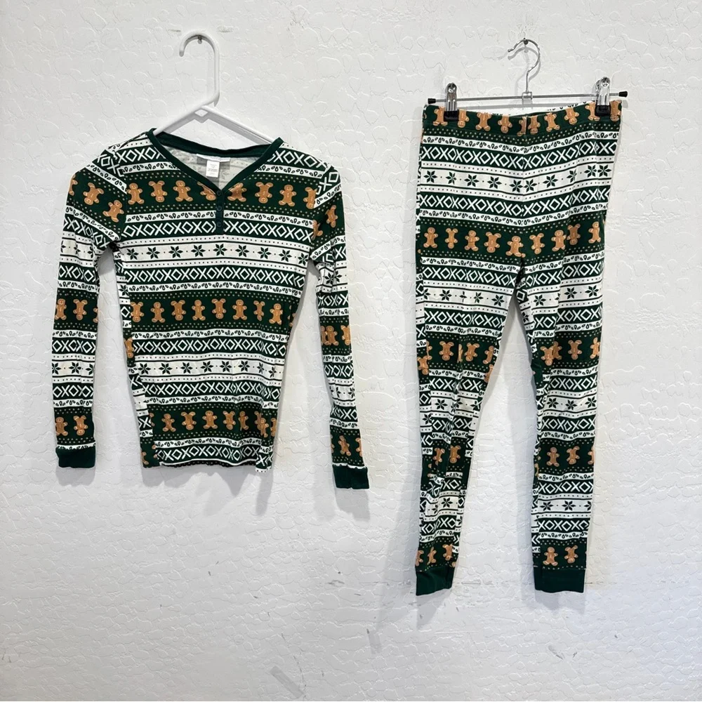 LC Lauren Conrad Pajama Set Girls 12 Green White Gingerbread Man Christmas